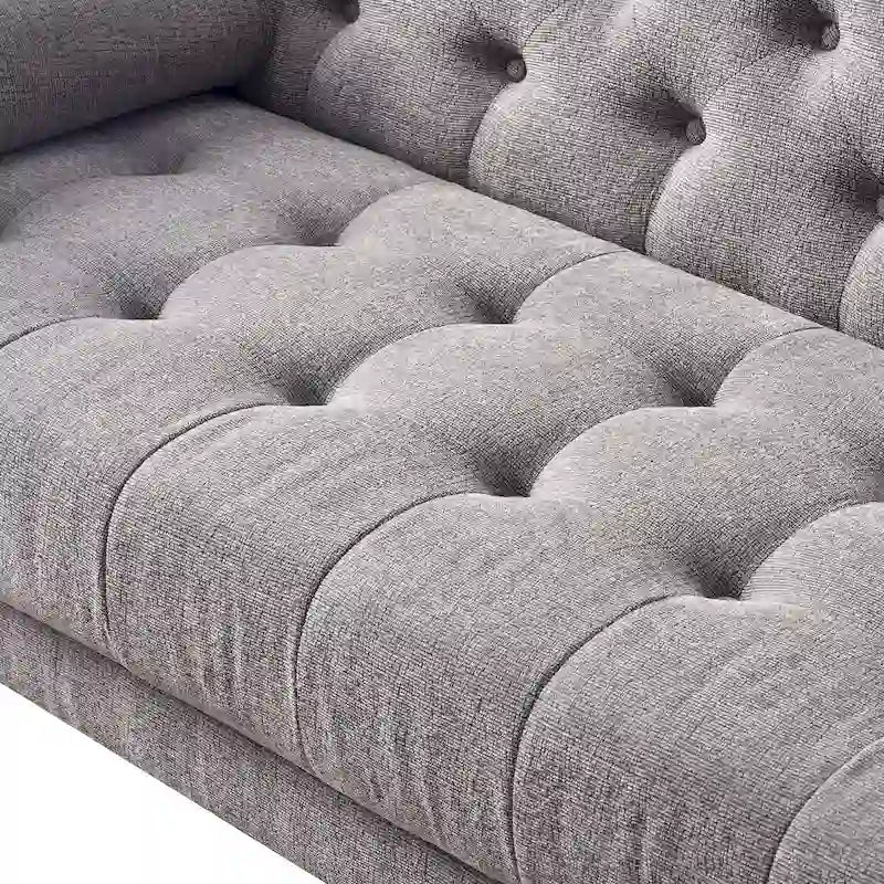 Mid-Century Modern Fabric Sofa with Button-Tufted Detail & Gold-Tipped Legs