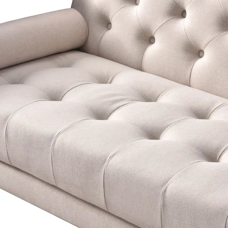 Mid-Century Modern Fabric Sofa with Button-Tufted Detail & Gold-Tipped Legs
