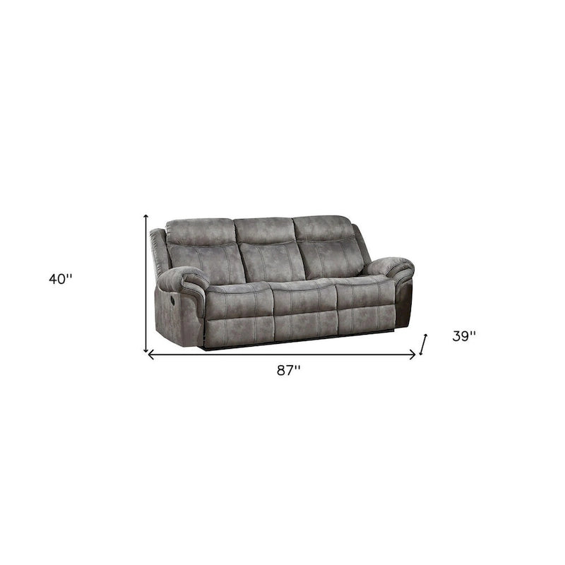 87" graues Samtsofa mit manueller Relaxfunktion, USB-Anschluss und schwarzen Beinen