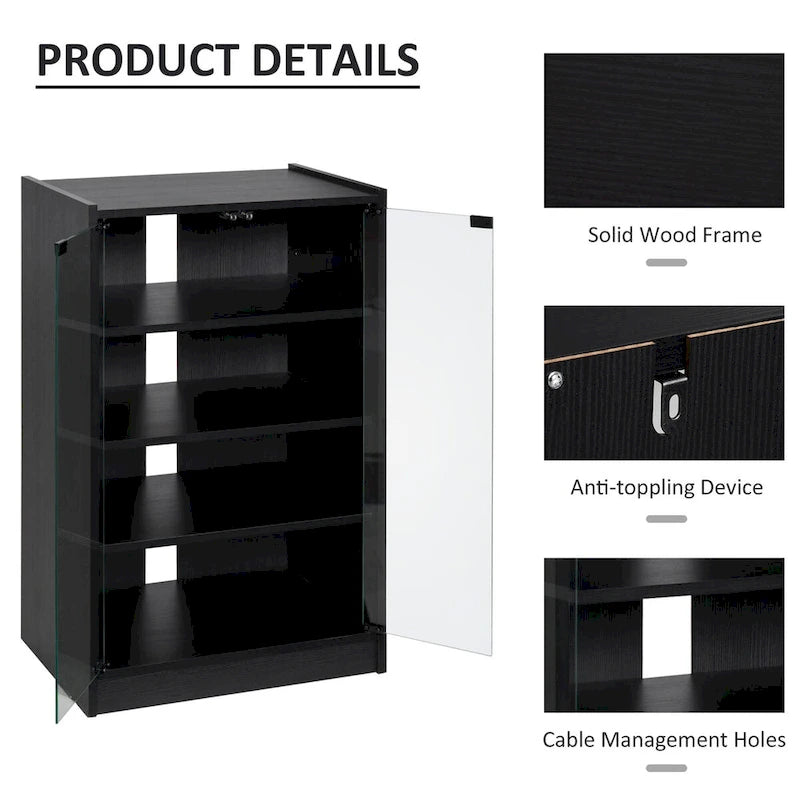 5-Tier Media Cabinet with Tempered Glass Doors & Cable Management