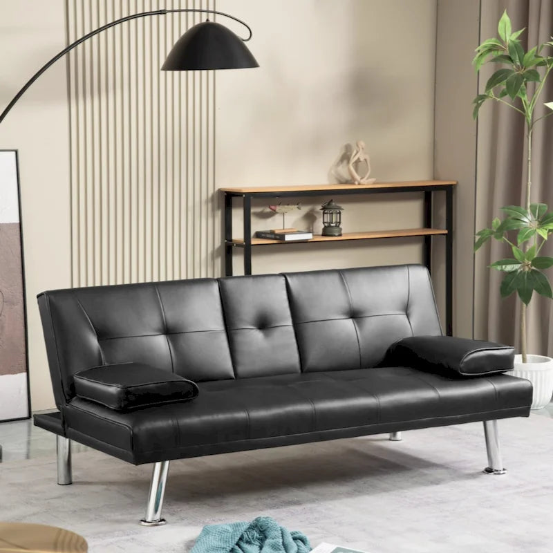 Divano letto futon trasformabile in pelle PU con braccioli rimovibili e portabicchieri