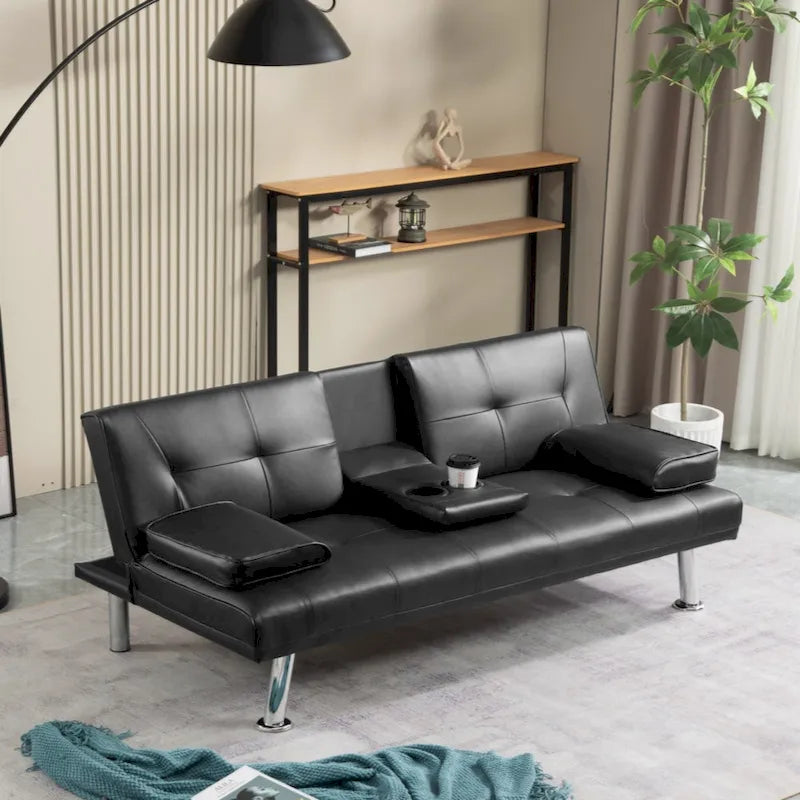 Divano letto futon trasformabile in pelle PU con braccioli rimovibili e portabicchieri