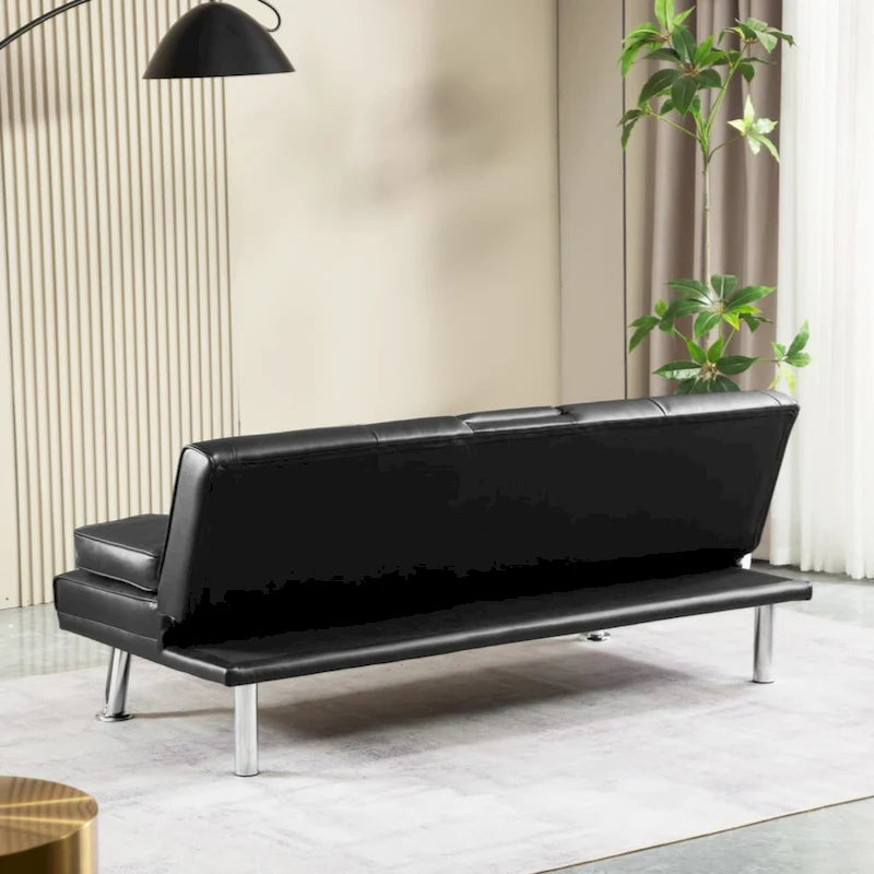 Divano letto futon trasformabile in pelle PU con braccioli rimovibili e portabicchieri