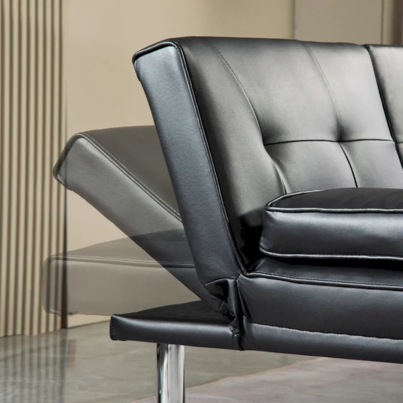 Divano letto futon trasformabile in pelle PU con braccioli rimovibili e portabicchieri