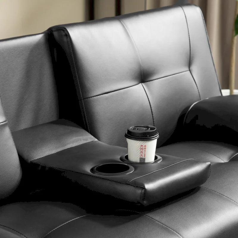 Divano letto futon trasformabile in pelle PU con braccioli rimovibili e portabicchieri