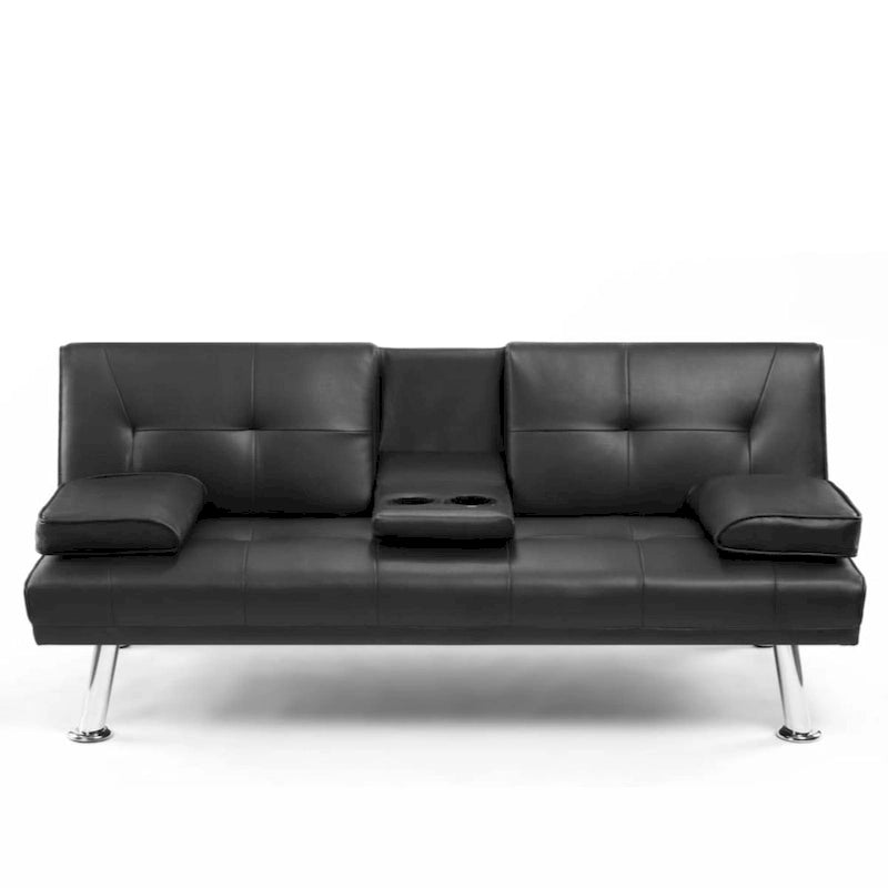 Divano letto futon trasformabile in pelle PU con braccioli rimovibili e portabicchieri