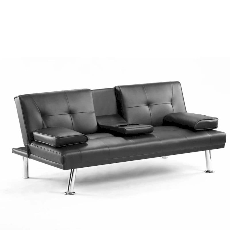 Divano letto futon trasformabile in pelle PU con braccioli rimovibili e portabicchieri