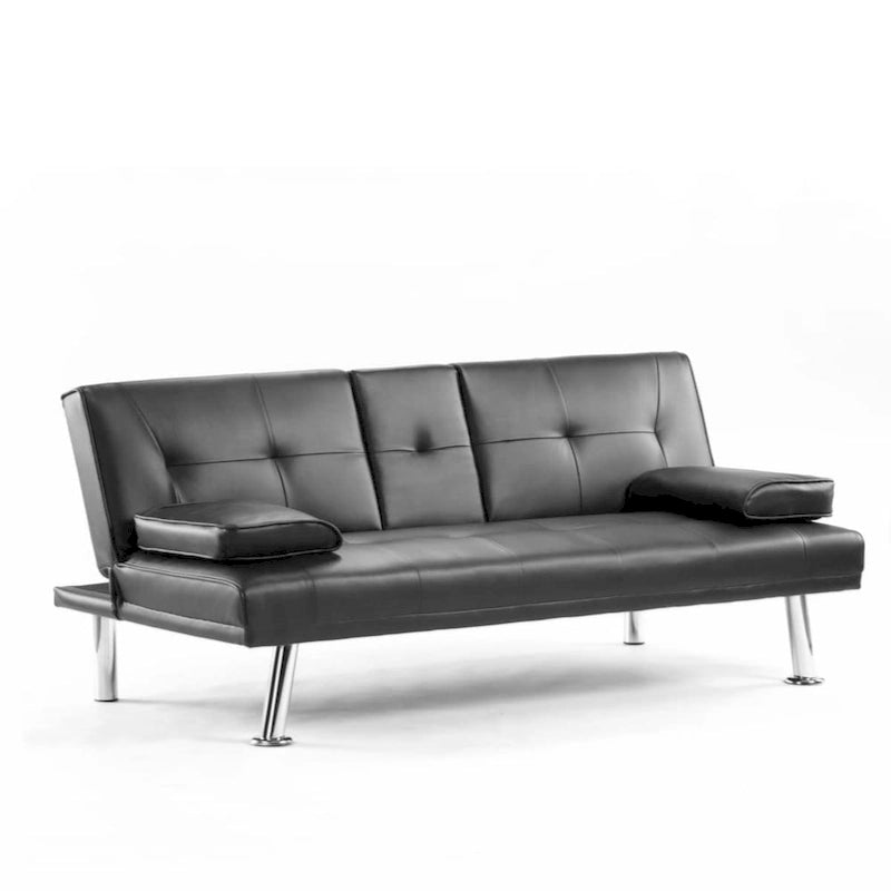 Divano letto futon trasformabile in pelle PU con braccioli rimovibili e portabicchieri