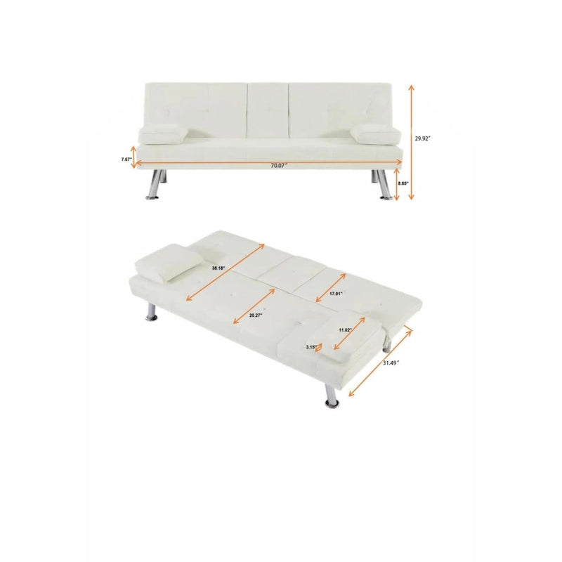 Divano letto futon trasformabile in pelle PU con braccioli rimovibili e portabicchieri