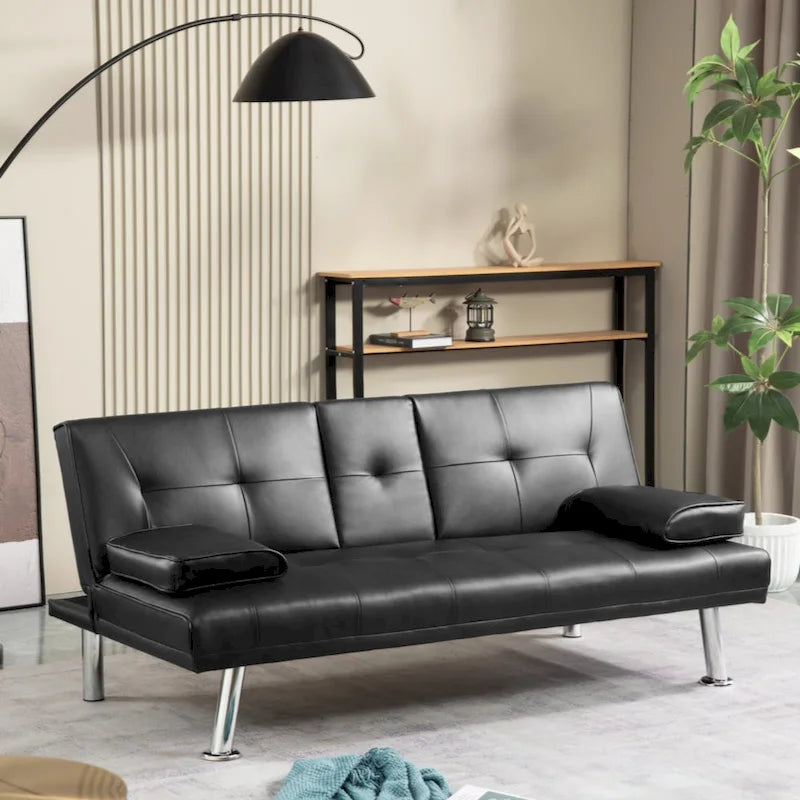 Divano letto futon trasformabile in pelle PU con braccioli rimovibili e portabicchieri