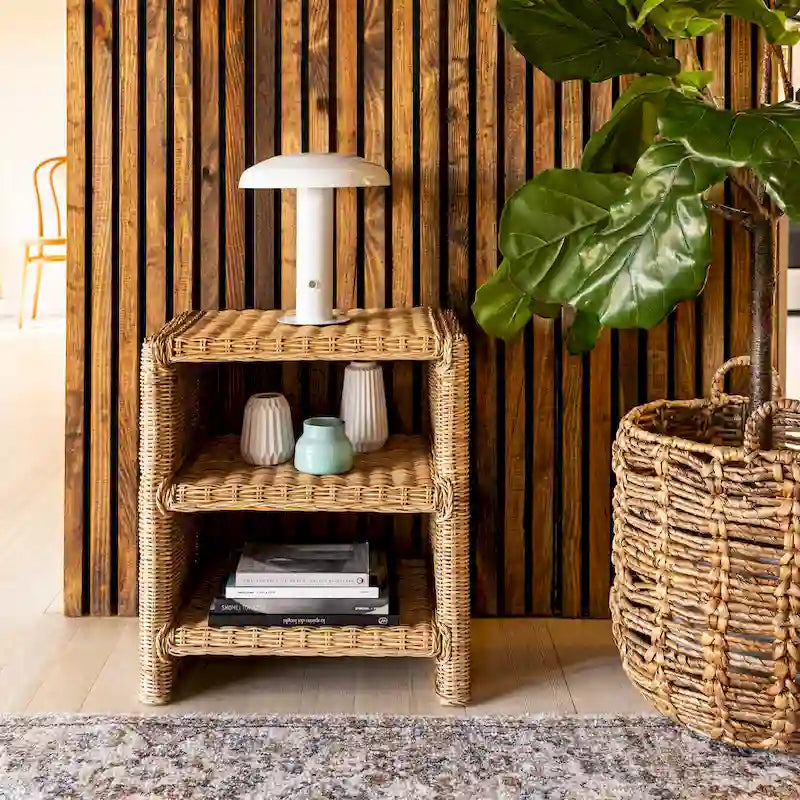 Coastal Bohemian Handwoven Rattan 3-Tier End Table