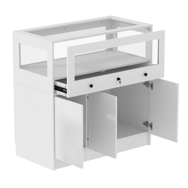 White Display Cabinet with Tempered Glass Top & Lockable Storage