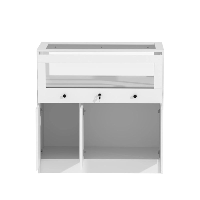 White Display Cabinet with Tempered Glass Top & Lockable Storage