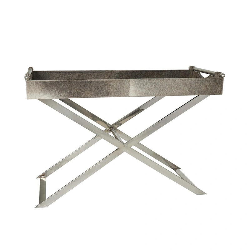 Mesa auxiliar decorativa con bandeja de piel con pelo y patas diagonales plateadas