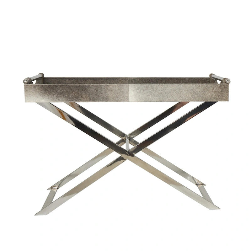 Mesa auxiliar decorativa con bandeja de piel con pelo y patas diagonales plateadas