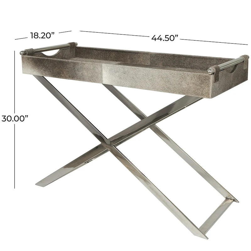 Mesa auxiliar decorativa con bandeja de piel con pelo y patas diagonales plateadas