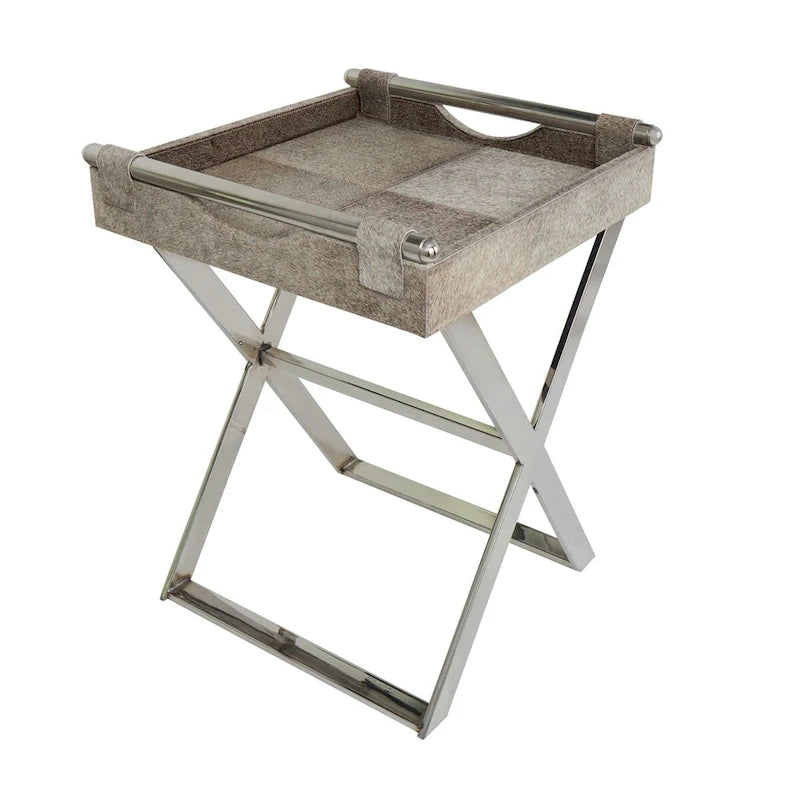 Mesa auxiliar decorativa con bandeja de piel con pelo y patas diagonales plateadas