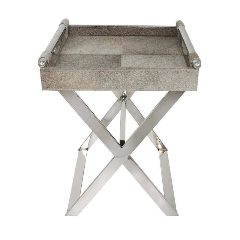 Mesa auxiliar decorativa con bandeja de piel con pelo y patas diagonales plateadas