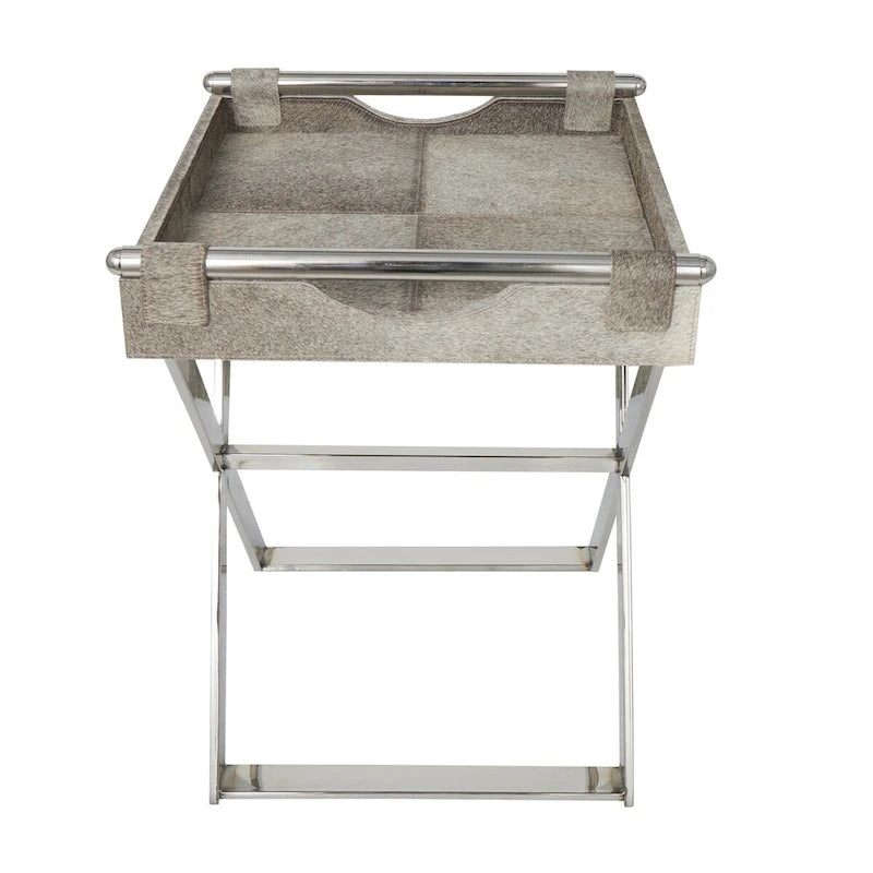 Mesa auxiliar decorativa con bandeja de piel con pelo y patas diagonales plateadas