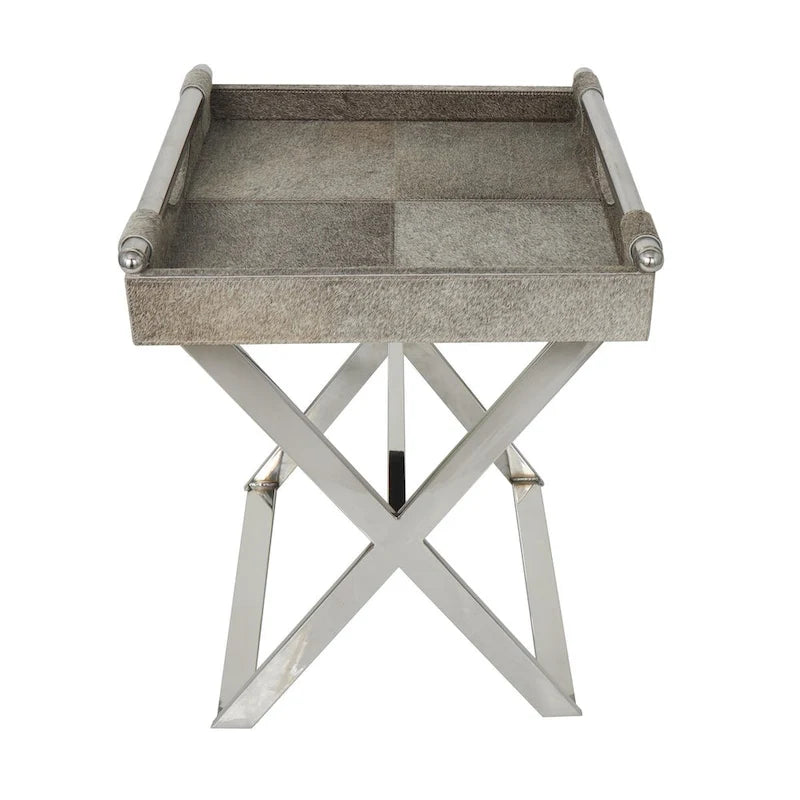 Mesa auxiliar decorativa con bandeja de piel con pelo y patas diagonales plateadas