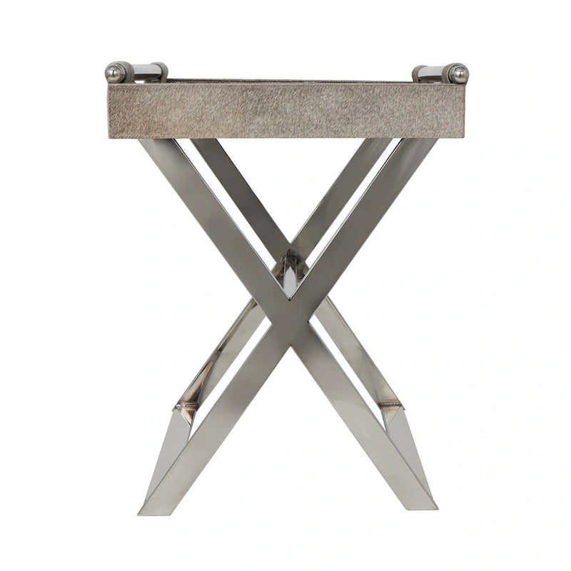 Mesa auxiliar decorativa con bandeja de piel con pelo y patas diagonales plateadas