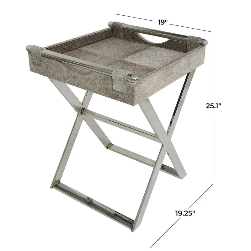 Mesa auxiliar decorativa con bandeja de piel con pelo y patas diagonales plateadas