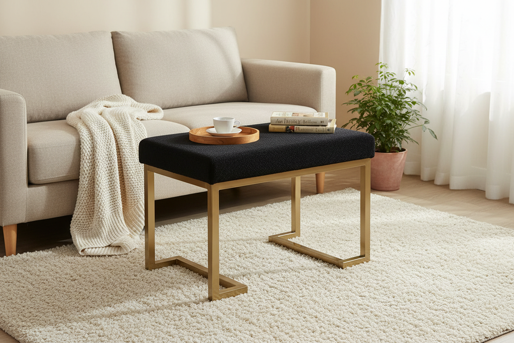 Black Fabric Ottoman in Living Room Scene