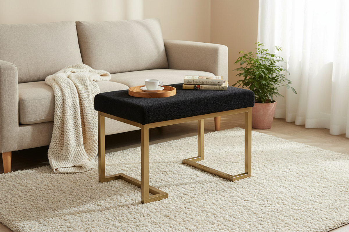 Black Fabric Ottoman in Living Room Scene