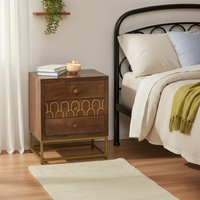 Mango Wood Nightstand in Cozy Bedroom Scene