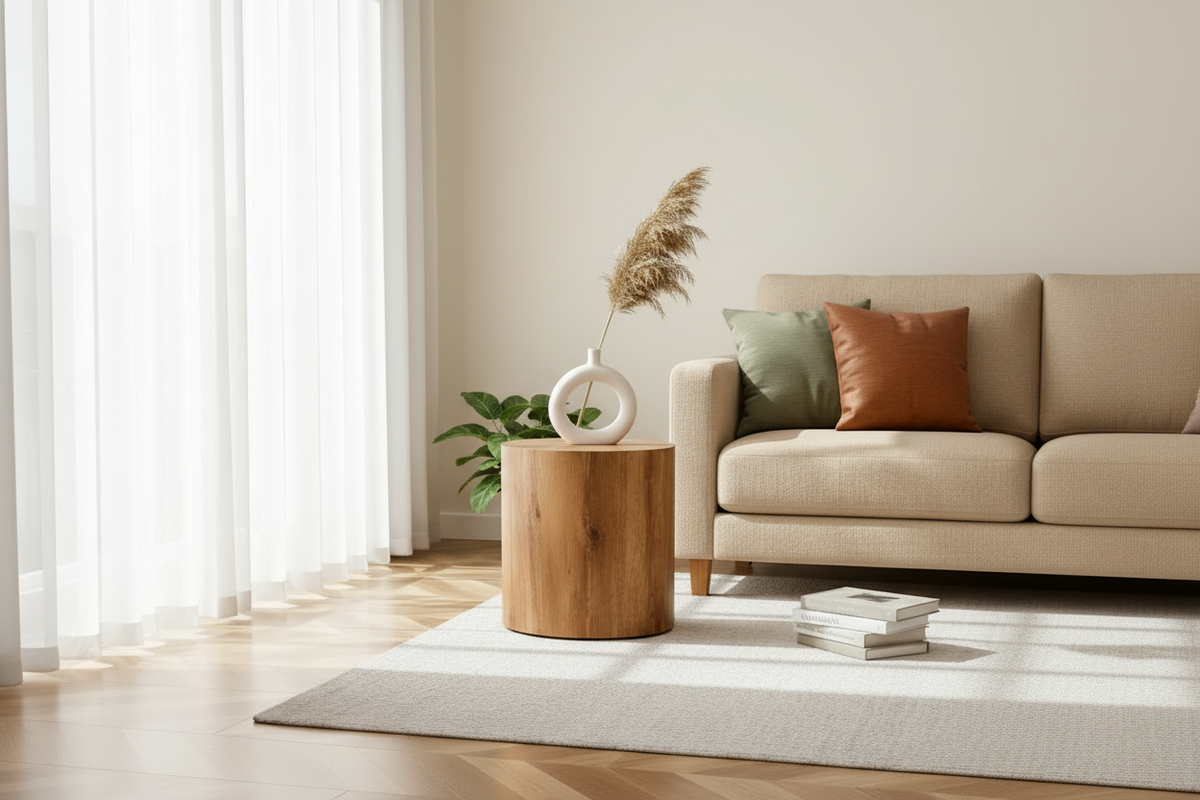 Wide angle living room with wood side table